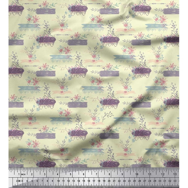 Soimoi Yellow Poly Georgette Fabric Floral & Leaves Printed Fabric 1 Yard 52 Inch Wide
