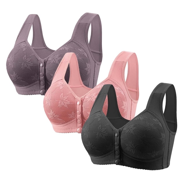 Yanlir 3PCS Everyday Bra for Women's Fashion Button No Underwire Front Closure Comfort Bras Full-Coverage Senior Wireless Snap Closing Bra(Multicolor#7,2XL)