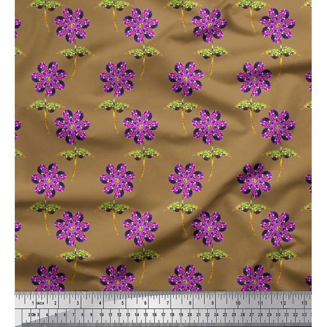Soimoi Polyester Crepe Fabric Leaves & Floral Artistic Printed Fabric 1 Yard 52 Inch Wide