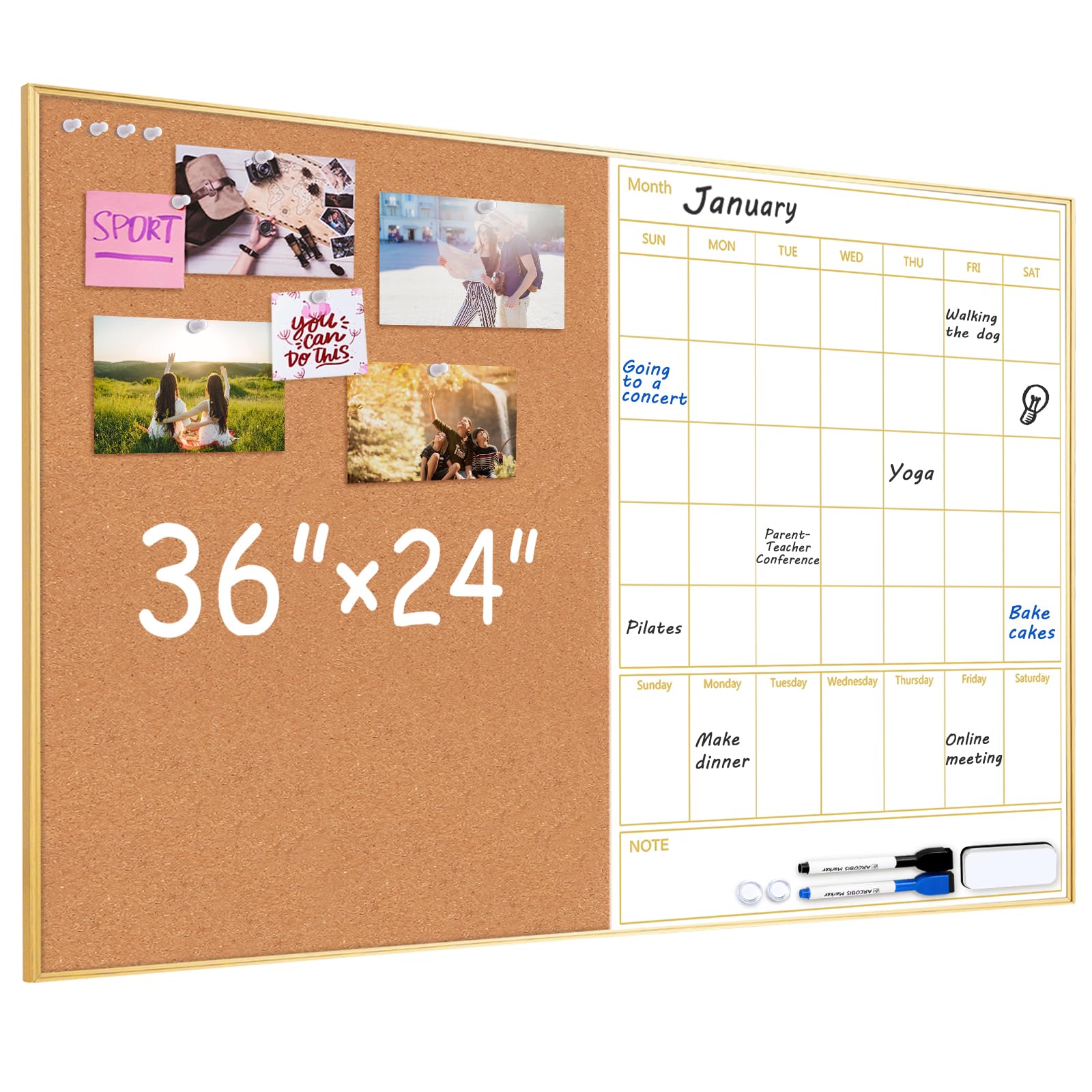 ARCOBIS Dry Erase Calendar with Cork Board, 36"x24" Magnetic White Board Calendar Dry Erase for Wall, Gold Frame Combination Board for Office, Home, School