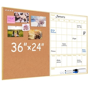 ARCOBIS Calendrier d'effacement à sec avec la carte Cork, 36"x24" calendrier de la carte magnétique blanche Séchage à sec pour le mur, Gold Frame Combination Board pour le bureau, maison, école