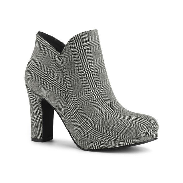 Unique Bargains Bottes à Talon Épais à Bout Rond pour Femmes, Talon Cheville, Motif à Carreaux Noir et Blanc. Ces Bottines Présentent une Tige en faux Suède, un Talon Bloc d'Une Hauteur d'Environ 3 8/9 Pouces, et une Semelle Extérieure en Caoutchouc. Les Bottes Ont une Fermeture Éclair pour un Enfilage Facile et une Semelle Extérieure en Cuir pour une Durabilité Accrue. Convient aux occasions Décontractées Ou Formelles.