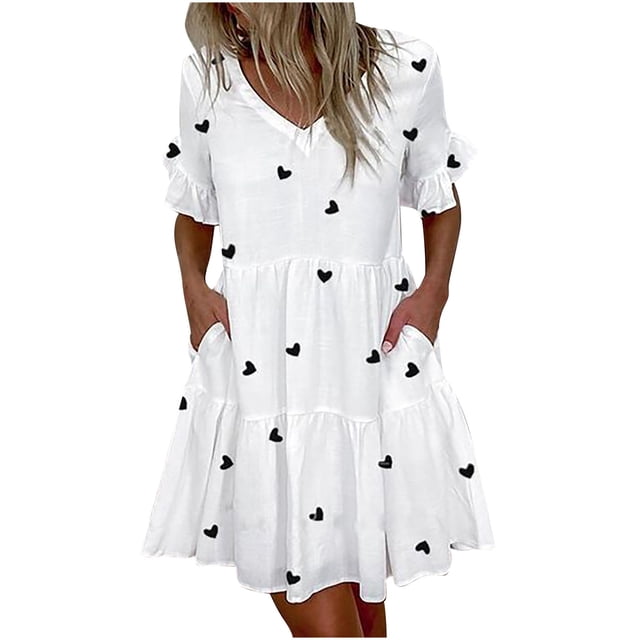 Fridja Women Casual V-Neck Ruffle Short Sleeve Printing Pocket Dress