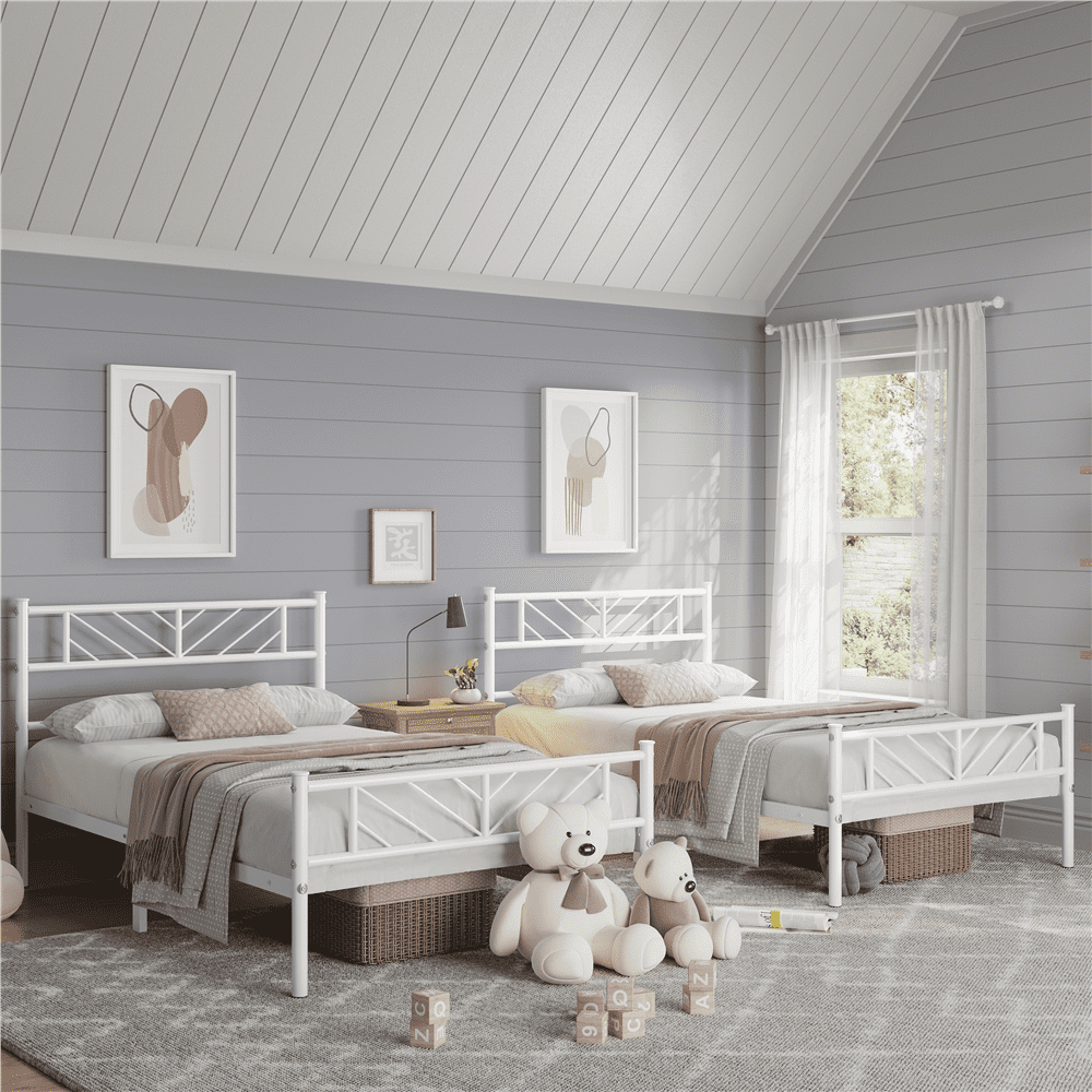 FullFurnique Minimalist Metal Platform Bed with Arrow Design Headboard for Adults, Full, White