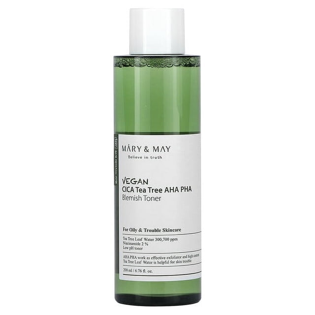 Mary & May Vegan CICA Tea Tree AHA PHA Blemish Toner in a 6.76 fl oz (200 ml) bottle. The toner is formulated for oily and troubled skin, containing tea tree leaf water (300,700 ppm) and niacinamide (2%) to exfoliate and soothe. The green liquid is packaged in a clear bottle with a white label and cap.