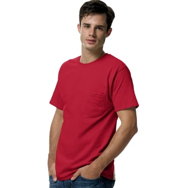 Hanes T-Shirt à Poche pour Hommes Sans Étiquette, TG, Rouge Foncé