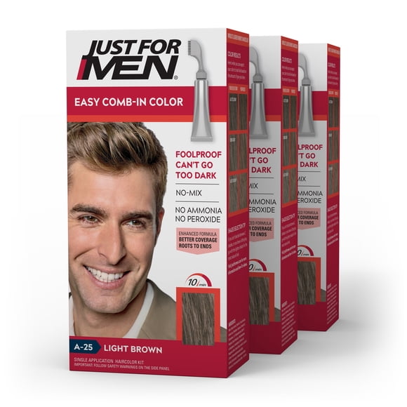 Just For Men Easy Comb-In Color (Formerly Autostop) Mens Hair Dye, Easy No Mix Application - Light Brown, A-25, 3 Pack