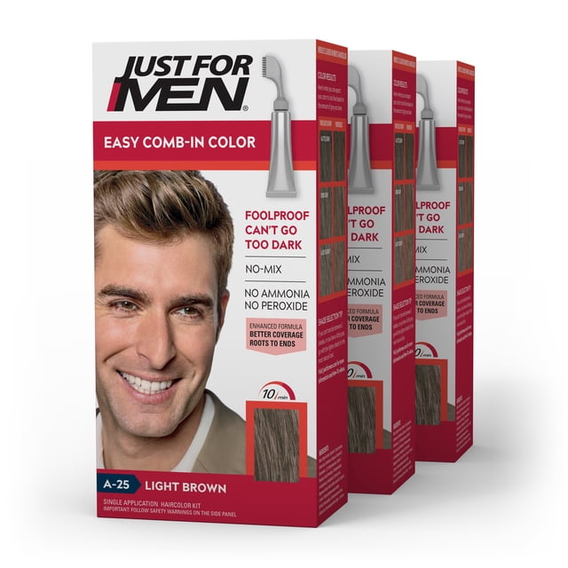 Just For Men Color Teinture pour Cheveux pour Hommes Easy Peign-in (Anciennement Autostop), Application Facile Sans Mélange - Brun Pâle, A-25, Lot de 3
