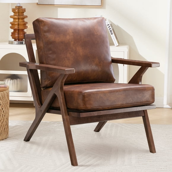 Bonzy Home PU Leather Accent Chair, Mid Century Modern Armchair with Cushions and Solid Wood Frame, Upholstered Accent Chairs for Living Room Bedroom Office Leisure Room, Brown