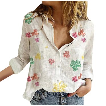 RKSTN Chemises à Manches Longues pour Femmes Col en V Coupe Ample Hauts Confortables Coton Lin Blouse Imprimé Floral Mode 2023