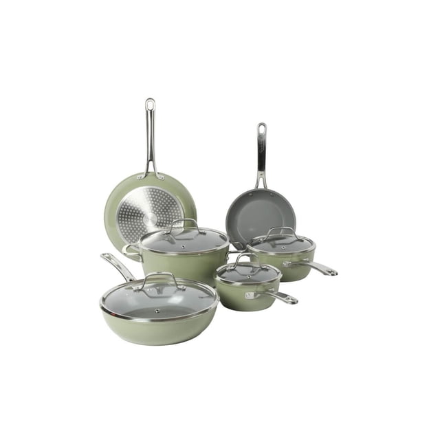 Sur La Table Gourmet Cuisine 10 Piece Aluminum Cookware Set with Glass Lid featuring sage green nonstick aluminum pots and pans with stainless steel handles and glass lids, designed for versatile kitchen use and even heat distribution, also suitable for preparing sauces and sautés.