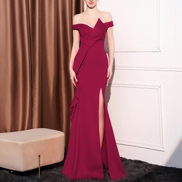 UPPADA Wedding Guest Dresses for Women One Shoulder Ruched Formal Evening Dress Wrap Ruffle Hem Dress Halter Bodycon Maxi Dress High Waist Party Prom Gown Cocktail Dress
