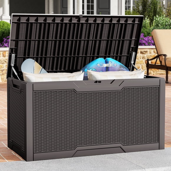 DEXTRUS 100 Gallon Outdoor Resin Deck Box, Weatherproof & Lockable Patio Furniture Storage, Dark Brown