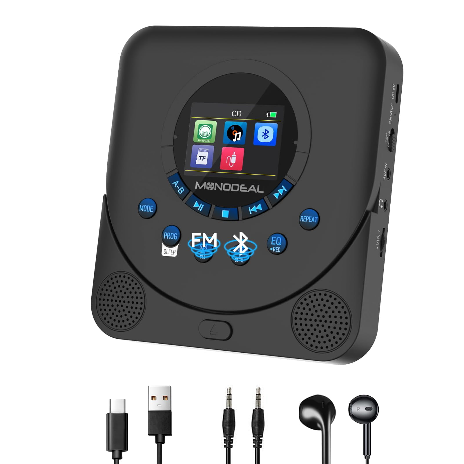 CD Player Portable, MONODEAL Dual Stereo with CD Player with Speakers, Rechargeable Discman Player for car, Support TF Card, FM Receiver and Transmit