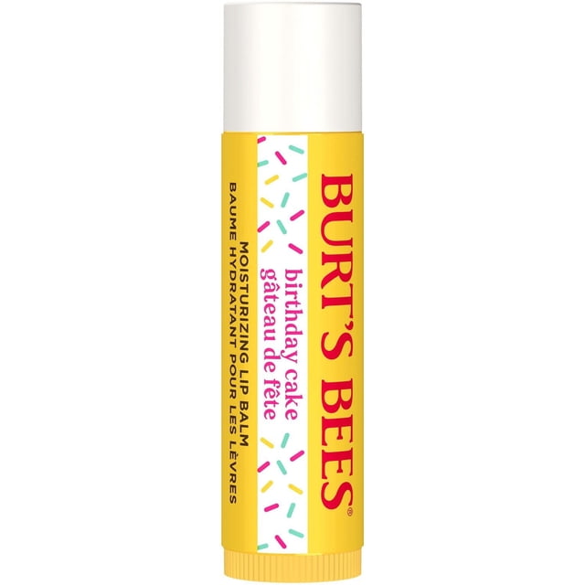 Burt's Bees 100% Natural Origin Moisturizing Lip Balm Birthday Cake flavour in a yellow tube with white cap, decorated with colorful sprinkles and red Burt's Bees logo, providing natural lip hydration with a matte finish and smooth glide.