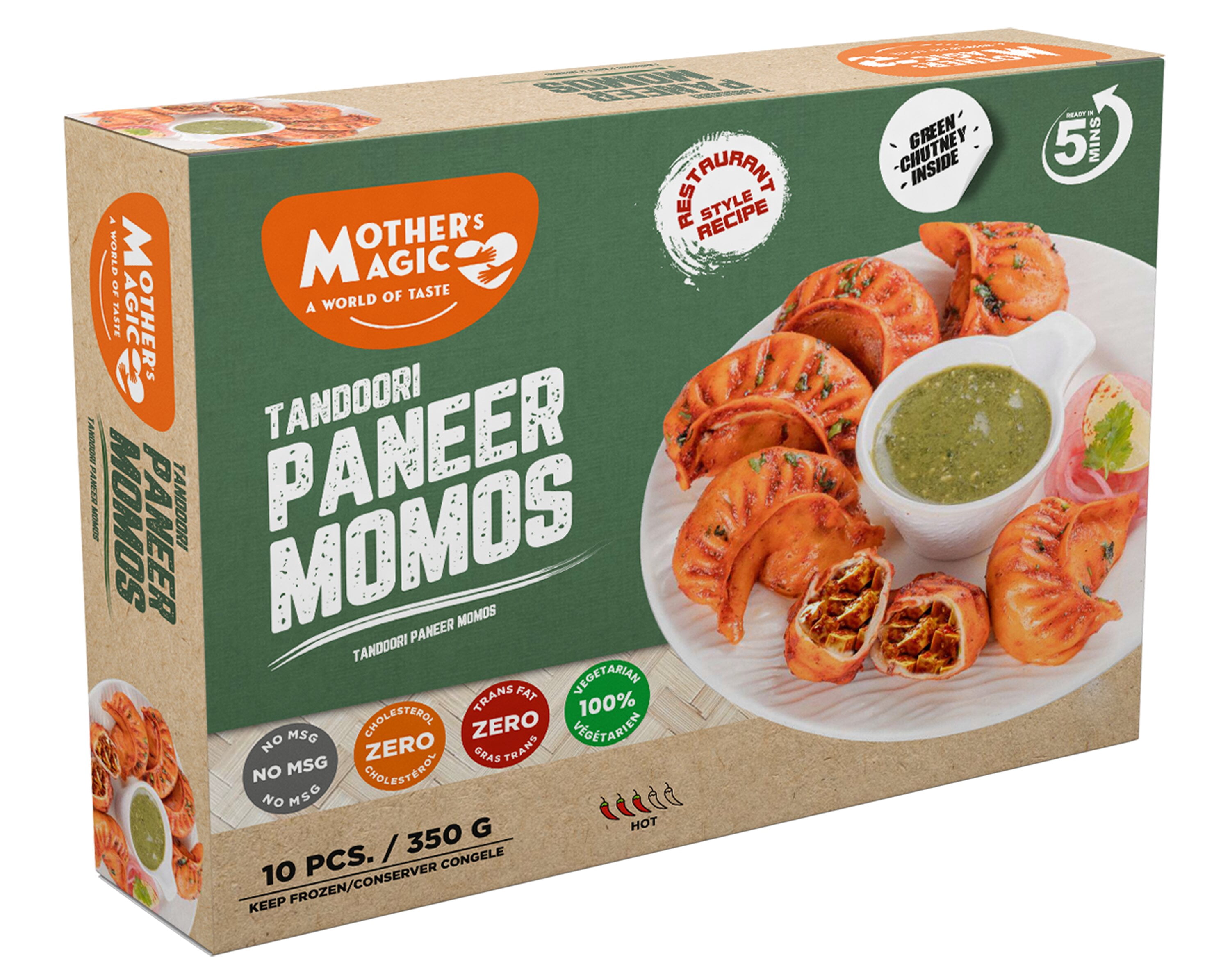 Momos tandoori au paneer Mothers Magic 350 g Momos tandoori au paneer – sachet 350 g, surgelés, paneer crémeux aux épices tandoori, prêt à cuire, apéritif aromatique et savoureux.