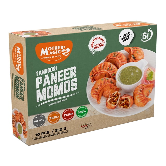 Momos tandoori au paneer Mothers Magic 350 g Momos tandoori au paneer – sachet 350 g, surgelés, paneer crémeux aux épices tandoori, prêt à cuire, apéritif aromatique et savoureux.