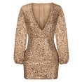 thumbnail image 4 of FAIWAD Robe Scintillante à Paillettes pour Femmes Portefeuille à Col en V Manches Longues Bouffantes Robe Froncée Ajustée Extensible Robe de Cocktail, 4 of 6