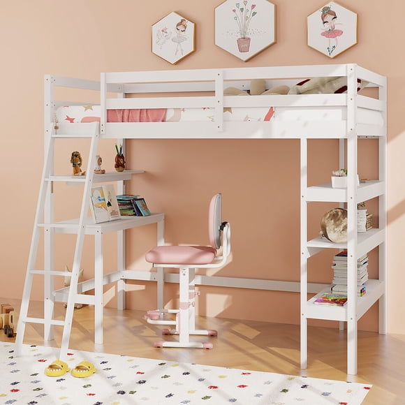 Gymax Twin Size Solid Wood Loft Bed w/ Desk & Bookshelves Ladder & Guardrails White