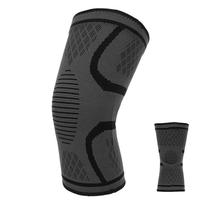 Knee Compression Sleeves Breathable NonSlip Support Brace for Men Women, shown in a dark grey and black design with a textured pattern. Made from nylon and latex thread, it features a silicone anti-slip design to prevent sliding during movement. Suitable for leg circumferences of 35-45cm (L) and 45-55cm (XL).