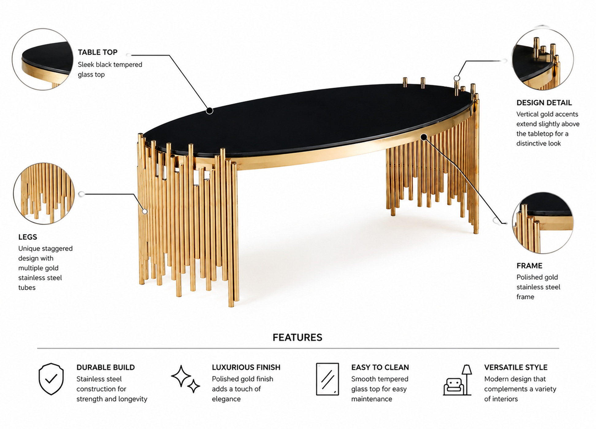 Table basse K-Living Venus avec plateau en verre noir et base en acier inoxydable poli doré