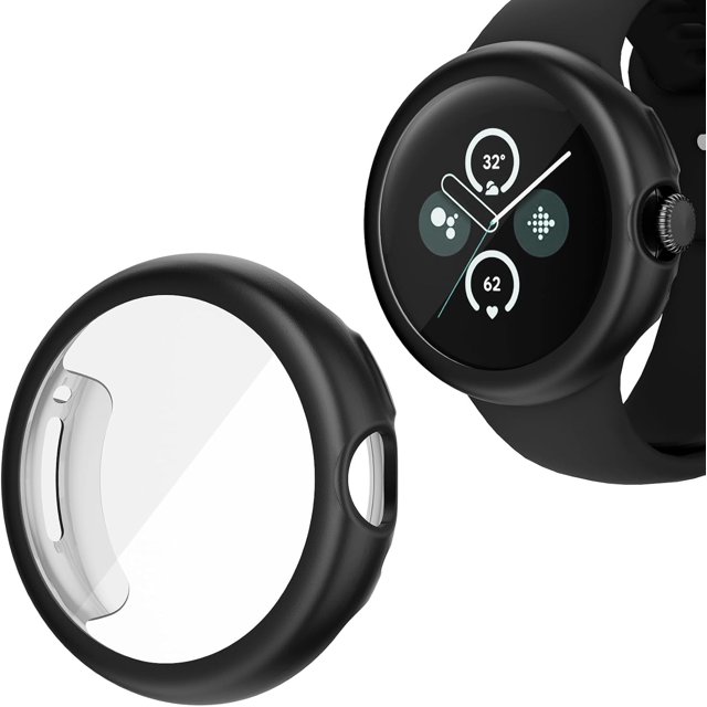 KOMI Compatible with Google Pixel Watch 2/Pixel Watch Screen Protector Case Frosted Matte Soft TPU Cover Full Protective Case Built-in HD Screen Film Accessories(Black,Pixel Watch1/2)
