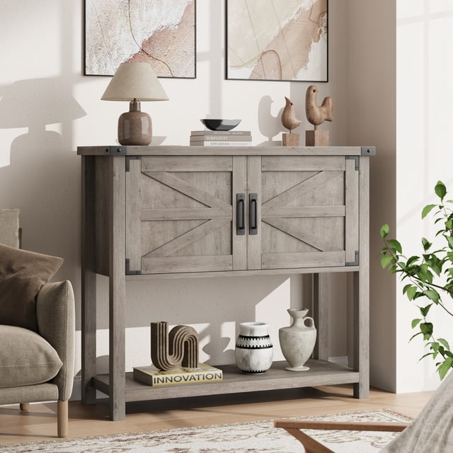 Table Console de Bar à Café Style Ferme, 32 Pouces Gris avec 2 Portes et Armoires de Rangement, Entrée Multifonctionnelle, Table de Sofa Ou Buffet de Cuisine
