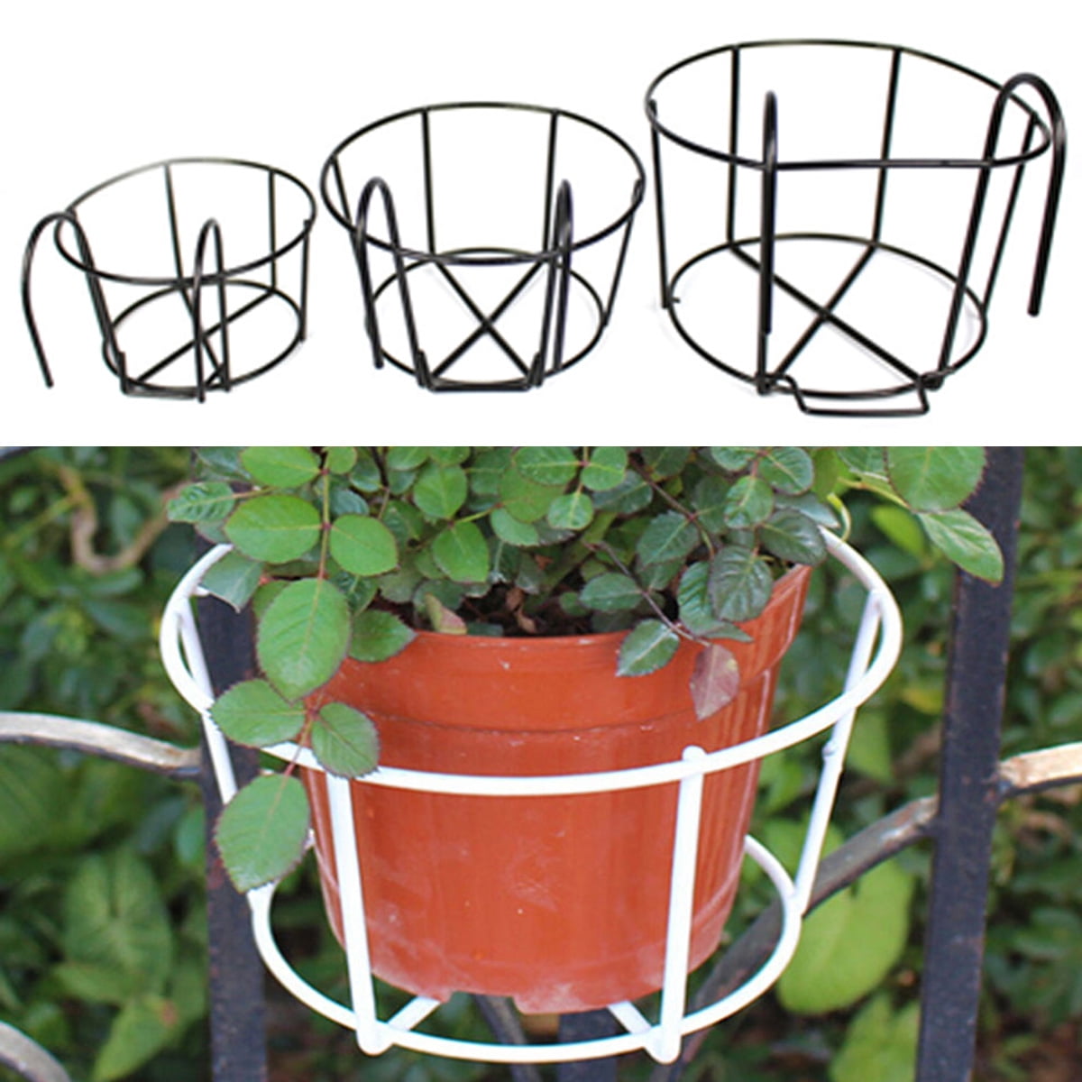 Neinkie Hanging Railing Planters Flower Pot Holders Plant Iron Racks Fence Metal Potted Stand Mounted Balcony Round Plant Baskets Shelf Container