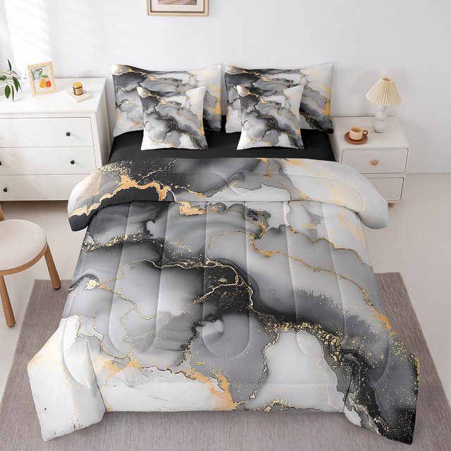 YST Gray Marble 7-Piece Comforter Set, Abstract Aesthetic Bedding, Twin