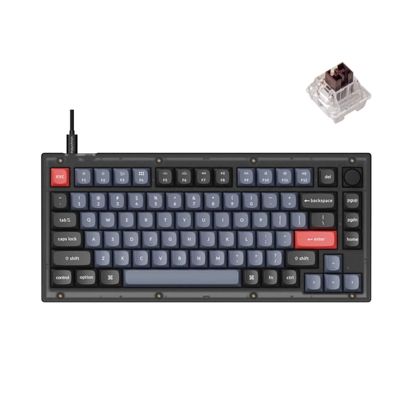 Keychron V1 Wired Custom Mechanical Keyboard Knob Version 75% Layout QMK/VIA Programmable with Hot-swappable Keychron K Pro Brown Switch Compatible with Mac Windows Linux (Frosted Black-Translucent)