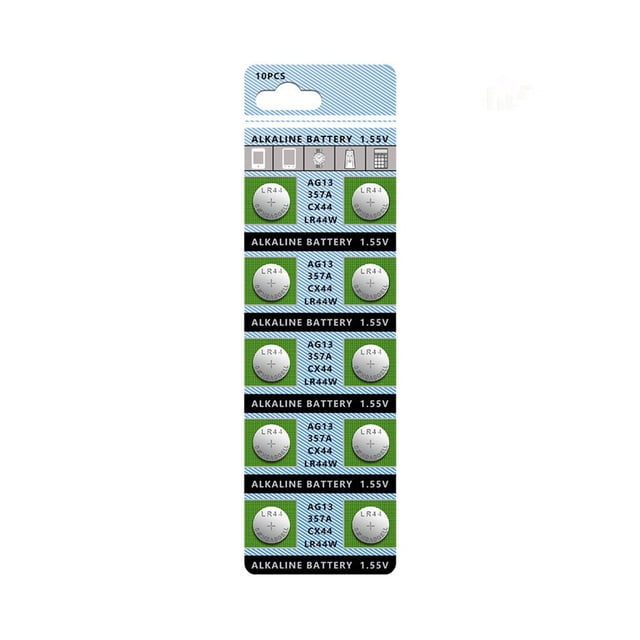 10Pcs Button Cell Watch Battery 1.55V LR44 AG13, displayed in a retail blister pack with 10 individual batteries arranged in two vertical rows. Each battery is labeled with specifications such as LR44, AG13, and 1.55V. The packaging highlights compatibility with small electronic devices like watches, toys, calculators, and medical equipment. The batteries feature a stainless steel exterior for durability and leak-proof technology for safety.