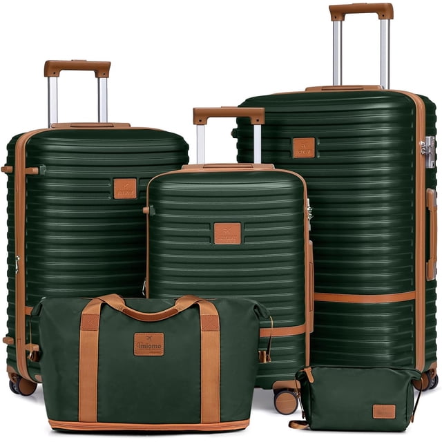 Joyway Ensemble de Bagages 5 Pcs Vert, Comprenant des Valises Rigides à Roulettes Pivotantes en ABS de Tailles 20 Pouces, 24 Pouces et 28 Pouces, Ainsi Qu'un Sac à Main de Voyage et un Sac de Toilette Assortis. Les Valises Ont des Couches Extensibles pour un Rangement Accru, des Verrous TSA pour la Sécurité et des Roues Pivotantes à 360° pour une Mobilité Facile. Comprend des Poignées Télescopiques en Aluminium et des Séparateurs à Fermeture Éclair Intérieure pour un Emballage Organisé.