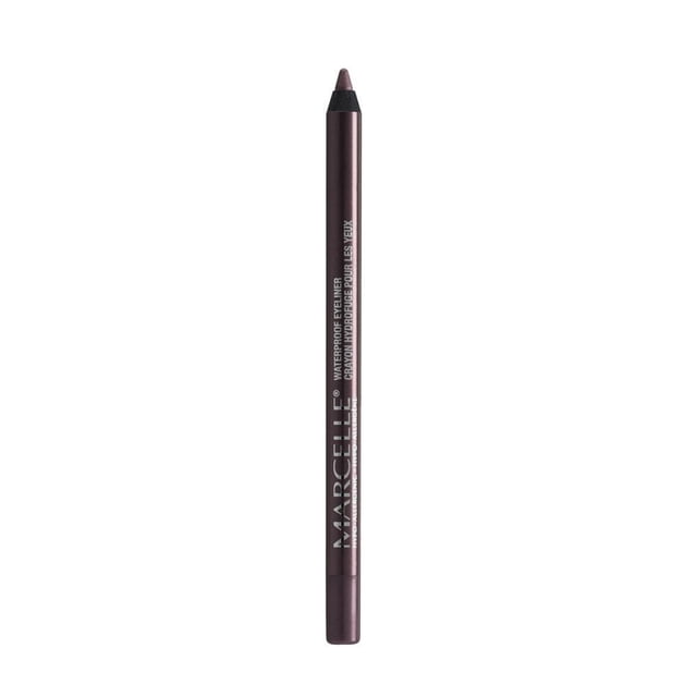 Marcelle Waterproof Eyeliner in a slim pencil with a matte plum shade, white printed branding, and product details, featuring a hypoallergenic creamy formula for precise or smudged lines, suitable for long-lasting, waterproof eye makeup.