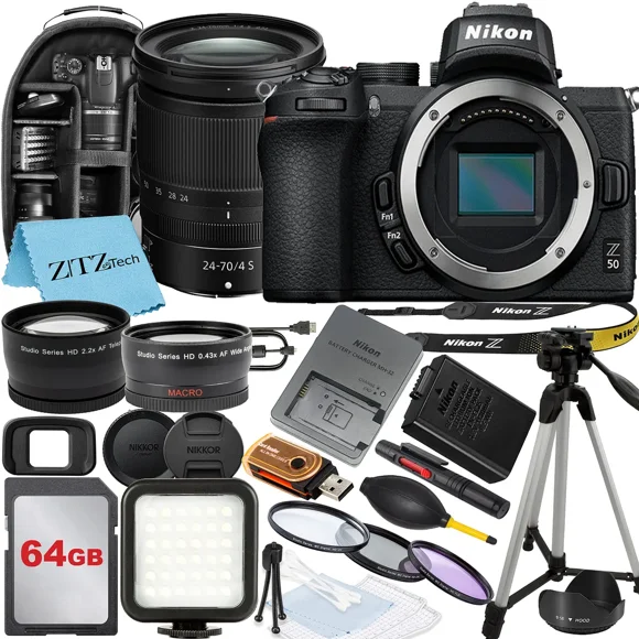 Nikon Z50 Appareil Photo Sans Miroir avec Objectif NIKKOR Z 24-70mm f/4 S, Carte Mémoire 64 Go, Sac à Dos, Flash, Trépied et Ensemble d'Accessoires ZeeTech