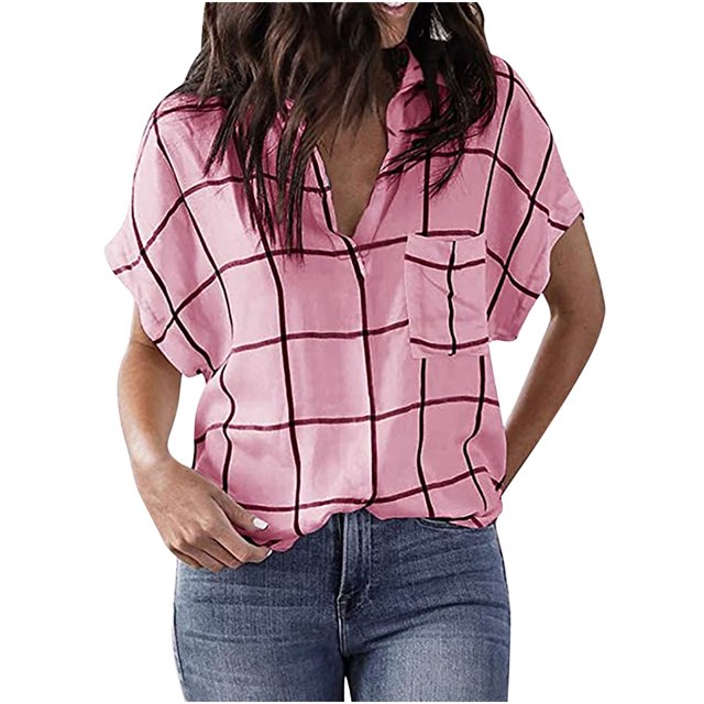 PVCS Chemise à Manches Courtes à Col en V à Carreaux avec Poche pour Femmes