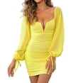 thumbnail image 2 of Women'S French Hepburn Style Long Sleeve Deep V Neck Bodycon Dress Short Yellow S, 2 of 9