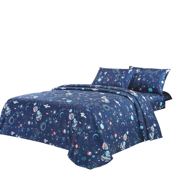 WPM WORLD PRODUCTS MART Collection pour Enfants Literie 3 Pcs Bleu Vaisseau Spatial Fusée Imprimé Ensemble de Draps Format Jumeau avec Drap Plat et Drap-Housse Taie d'Oreiller Motif Amusant Étoiles Planètes (Pandora, Ensemble de Draps Jumeau)