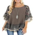 thumbnail image 1 of Blouse Femme à Manches 3/4, Unie, Ourlet Floral, Imprimé Léopard, Haut Ample, 1 of 6