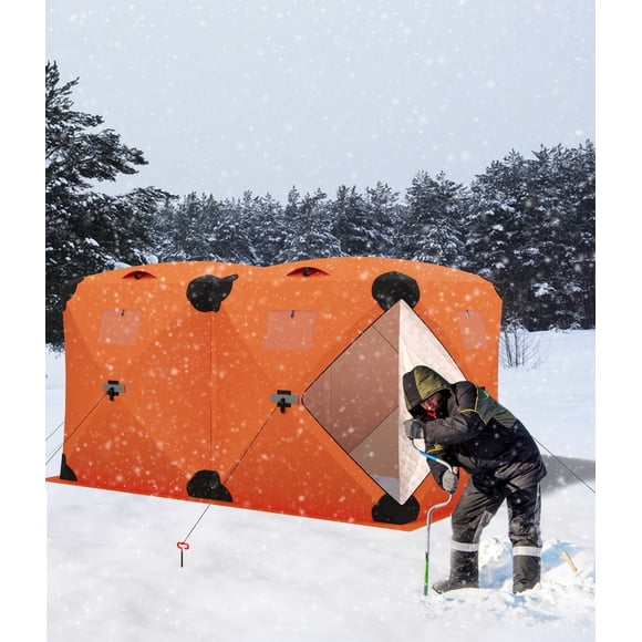 Tente Pop-Up de Pêche sur Glace Isolée Abri de Pêche sur Glace Abri Portable Style Hub Cabanon Coupe-Vent et Chaud, Fenêtres en PVC et Évents d'Aération pour 6-8 Personnes, Orange, 6x11,7x6,6 Pi