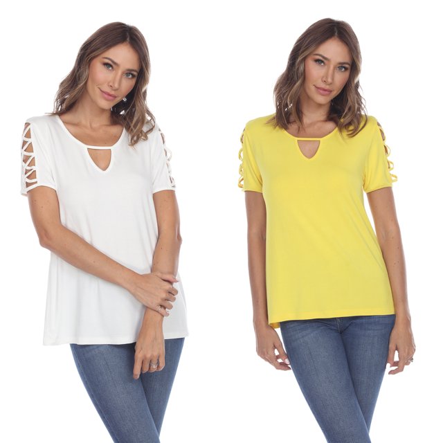White Mark Women's 2-Pack White Keyhole Cutout Round Neckline Short Sleeve Top