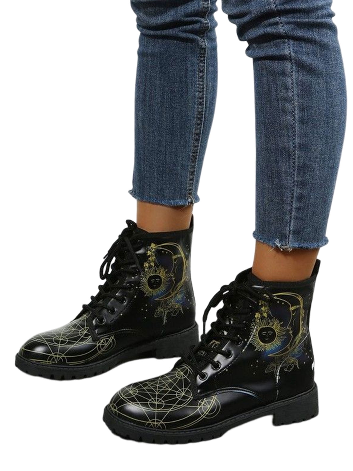 UKAP Women Leather Boot Floral Short Bootie Lace Up Ankle Boots Work Booties Waterproof Moon 5.5