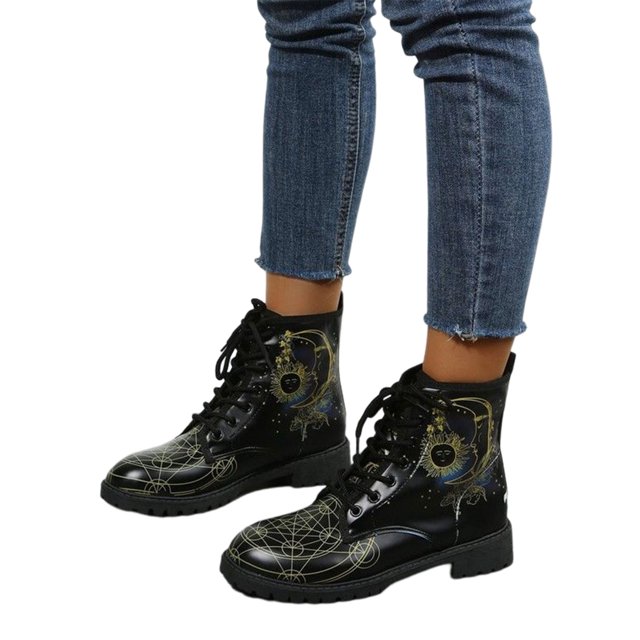 UKAP Women Leather Boot Floral Short Bootie Lace Up Ankle Boots Work Booties Waterproof Moon 5.5