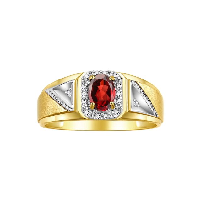 RYLOS Men's Rings Yellow Gold Plated Silver Classic 7X5MM Oval Gemstone & Diamond Ring Garnet January Birthstone Rings For Men Size 10