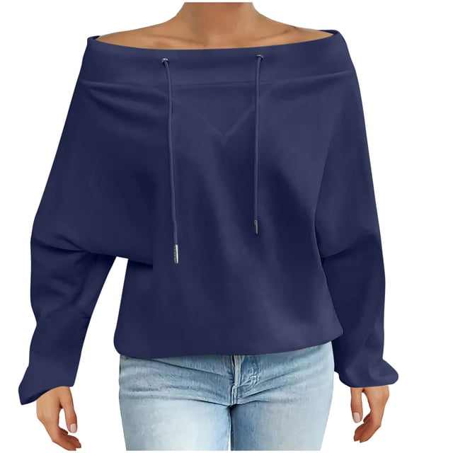 Women's Off Shoulder Sweatshirt Adjustable Drawstring Oversized Long Sleeve Shirt Pullover Basic Slouchy Clothes 2025
