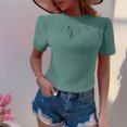 thumbnail image 2 of hotojiny Spring Tops for Women Solid Color Crew Neck Loose Blouse Lightweight Textured Puff Short Sleeve Back Keyhole Shirt Beach Vacation Clothes for Women, 2 of 7