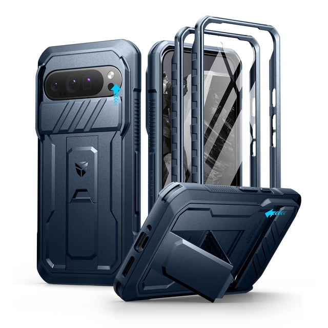 Dexnor for Google Pixel 9 Pro XL case in blue, designed for rugged outdoor use with a slide camera cover, built-in PET screen protector, and heavy-duty kickstand. Offers military-grade protection with shock-absorbent TPU bumpers and precise port alignment. Suitable for protecting your device during outdoor adventures.