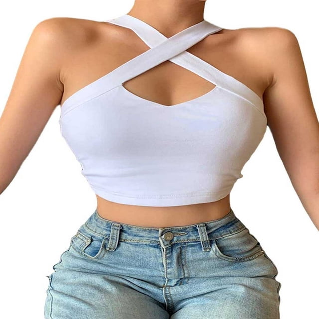 Women Solid Color Vest Cross Hanging Neck Short Camisole Hollow Slim