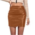 thumbnail image 1 of Women PU Leather Slim Fit Short Skirt Asymmetrical Ruched Wrap Mini Pencil Work Skirt for Ladies, 1 of 5