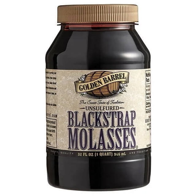 Golden Barrel Mélasse Blackstrap Sans Soufre de 1 Qt/946 ml dans un Pot en Verre Foncé avec une Étiquette beige Présentant le logo Golden Barrel et les Détails du Produit. Cette Mélasse Non Sulfureuse Offre jusqu'à 20 % de la Valeur Quotidienne de calcium, Magnésium, potassium et Fer par Cuillère à Soupe. Idéale pour Ajouter une Couleur Intense, de l'Humidité et une Saveur Robuste à des Recettes comme le Pain d'Épices, les muffins Ou des sauces Épaissies.