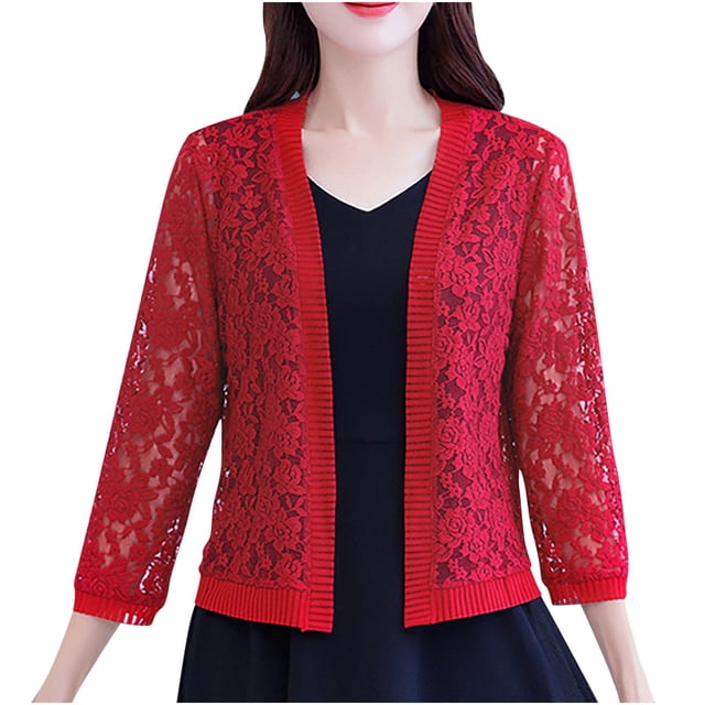 Timegard Lightweight Cardigans for Women Plus Size Hollow out Open Front Long Sleeve Lace Fall Jacket
